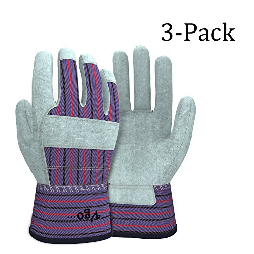Vgo 3-Pairs Cow Split Leather Men’s Work Gloves with Safety Cuff (Size L, Plaid, CB3501)