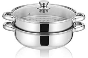 LCHKREP Stainless Steel Stack and Steam Pot Set - and Lid,Steamer Saucepot double boiler-2 Tier Steamer Pot Steaming Cookware -Steamer Pot Glass Lid Food Veg Cooker Pot Cooking Pan For Kitcken Cooking Tool