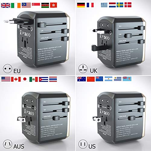 Universal Travel Adapter Power Plug Adapter - Luxsure All-in-one International Power Adapter High Speed 4.5A 4 USB Charging Port Compatible for Phone/Tablet/Laptop Use in USA EU UK AUS (Gold)