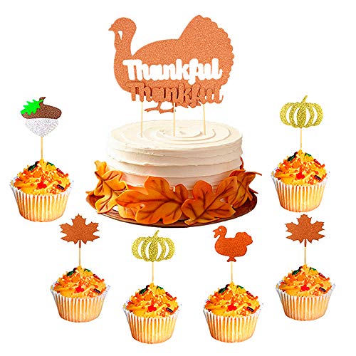 LaVenty Set of 25 Glitter Thanksgiving Cake Toppers Turkey Cake