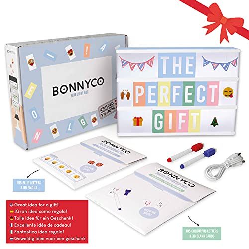 Blue Cinema Light Box with 400 Letters, Emojis and 2 Markers - BONNYCO | Led Light Box Boy Bedroom Decor, Baby Shower | Cinema Led Sign Letters Board Gifts for Boys, Children for Birthdays Christmas