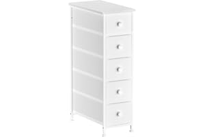 YILQQPER Narrow Dresser Storage Tower with 5 Removable Fabric Drawers - Slim Dresser with Steel Frame, Wood Top, Knob, White Dresser for Bathroom Organizer, Closet, Small Spaces,White Wood Texture
