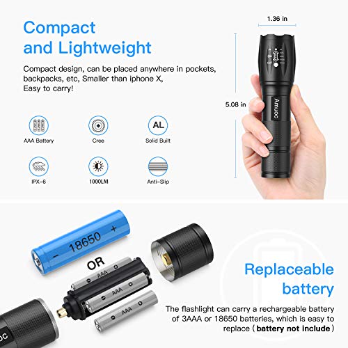 LED Tactical Flashlight S1000 - High Lumen, 5 Modes, Zoomable, Water Resistant, Handheld Light - Best Camping/Outdoor/Hiking/Everyday Flashlights/Gift-Giving/Emergency(Batteries Not Included) - Thumbnail 2