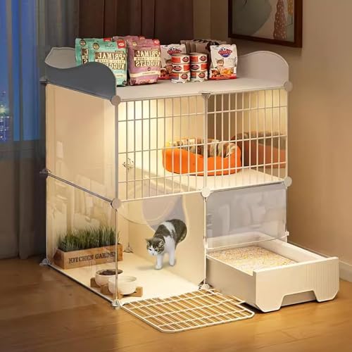 CENXI Cat Cage With Litter Box, Assembled Enclosures, Interactive Villa, Multi-Feature Enclosed Condo for 1-2 Cats - Easy Installation, No Tools Needed (With Light)