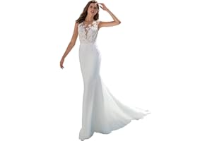 HEGABCH Beach Mermaid Wedding Dresses for Bride 2024 Lace Appliques Long Boho Elopement Bride Dress with Train