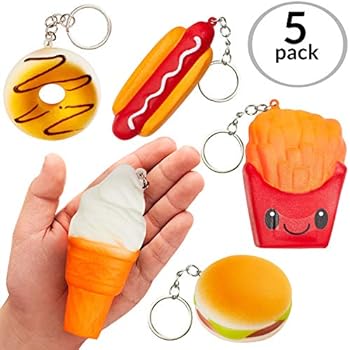 CORAL ENTERTAINMENTS Squishies Set- American Food 5 Pcs Squishy Toys Hot Dog, Hamburger, French Fries, Donut & Ice Cream. Slow Rising Squeeze Scented Charms, Stress Relief Toy with Key-Chains