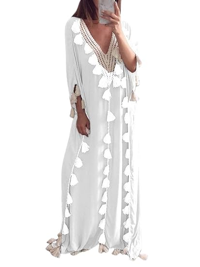 Tomwell Robe Longue Femme Pompon De Mode Manches Longues été Boho Deep Col V Maxi Robe De Plage Femmes Robe De Soleil
