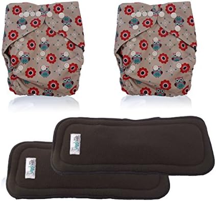 AngelicWare Cloth Diapers Set. Reusable all in One Size Baby Pocket Diaper + 5 Layer Bamboo Inserts +Bonus eBook (2 Pack, Owl)