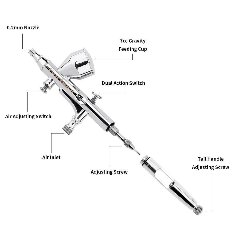 Gocheer Aerografo de alimentación por gravedad de doble acción de alta precisión con boquillas de 0.2 0.3 0.5 mm y manguera de 1/8\