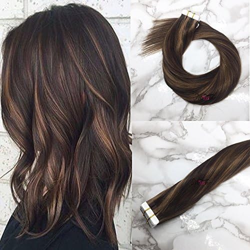 Misstar 18inch Remy Tape in Brown Human Hair Extensions Dark Brown Highlighted Chesnut Brown Seamless Skin Weft Tape in Hair Exrensions 20pcs/50g