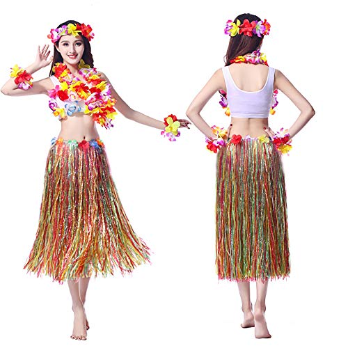 Hula Skirt Hawaiian Grass Skirts with Flower Leis Costume Set Luau Grass and Hawaiian Flower Bracelets, Bra, Headband, Necklace