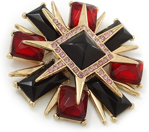 Victorian Style Black/Red Resin Stone Layered Cross Brooch In Gold Tone Metal - 75mm Across, black, red - Image 5