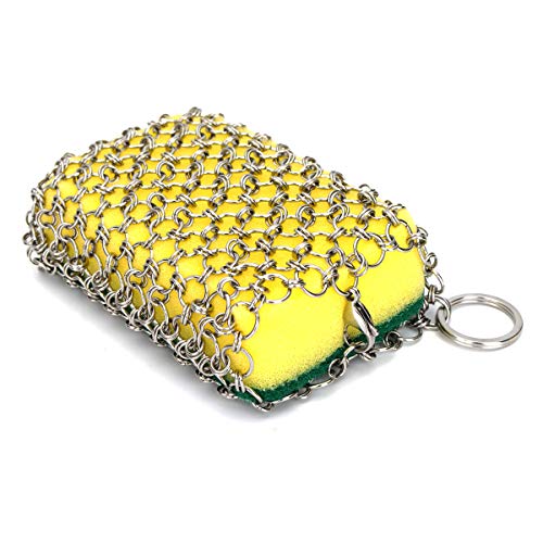 NKTM Stainless Steel Cast Iron Cleaner Chainmail Scrubber with 3pcs Sponges for Cast Iron Pan Skillet Dutch Ovens Waffle Iron Pans Scraper Cast Iron Grill Scraper