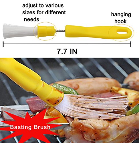 POLIGO 10PCS BBQ Skewers Set - Flat Stainless Steel Metal Grilling BBQ Stick Shish Kebab Kabob Skewers With Wooden Handle - set of 10 in Handy Storage Pouch with Basting Pastry Brush