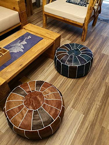 RISEON Boho Handmade Faux PU Leather Moroccan Pouf Footstool Ottoman Leather Poufs Unstuffed 23" x 11" -Round Floor Cushion Footstool for Living Room, Bedroom and Under Desk (Blue)