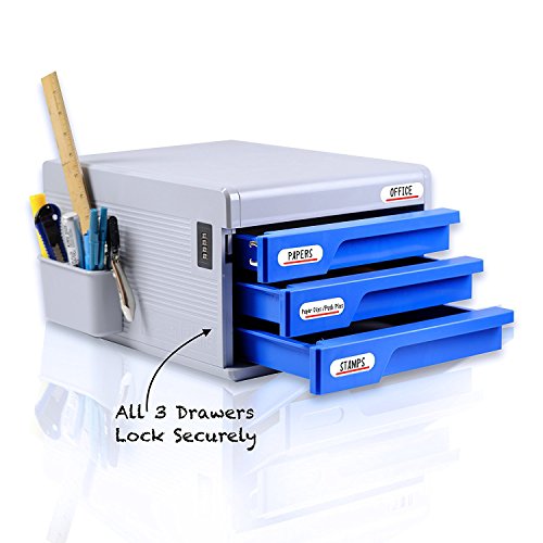 Locking Drawer Cabinet Desk Organizer - Filing & Organizing Paper Documents, Tools, Kids Craft Supplies - Home Office Desktop File Storage Box w/3 Lock Drawers - SereneLife - Thumbnail 2