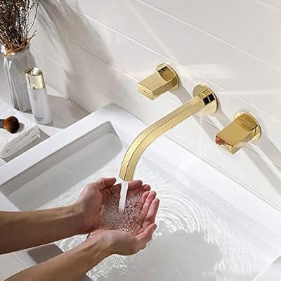 Gold All Copper Wall Mounted Lavatory Faucet Set Hot And Cold