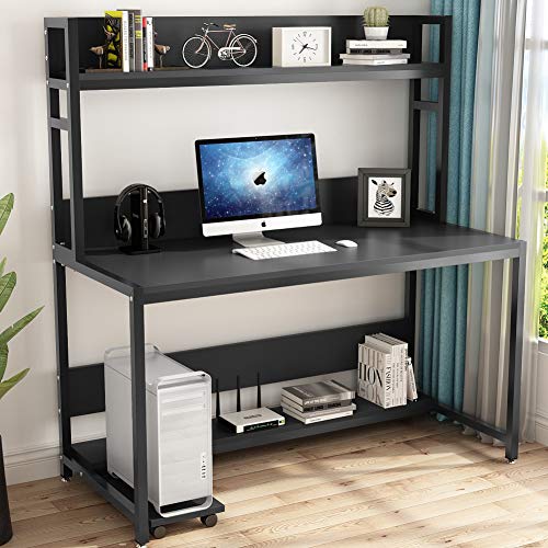 Tribesigns 55" Large Computer Desk with Hutch, Modern Writing Desk with Bookshelf, PC Laptop Study Table Workstation for Home, Black + Black Legs