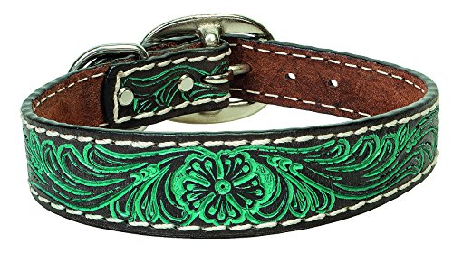 Weaver Leather Carved Flower Dog Collar, 1" by 19", Turquoise