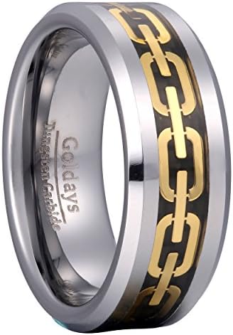 GOLDAYS Tungsten Carbide Ring Engagement Wedding Band Golden Chains Inlay Beveled Polished Comfort Fit (11)