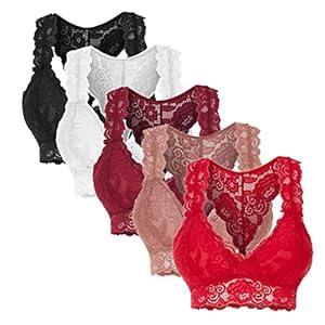 Younthone 5PC Women Plus Size Vest Crop Wire Free Bra Lingerie Sexy V-Neck Underwear S-3XL Sports Bra Women Plus Size Super Comfort Bra Yoga Running Fitness Black Wine Red Pink White