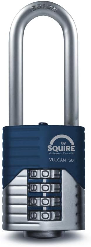 SQUIRE Vulcan Combination Padlock. Patented Design Boron Steel Shackle Recodable Padlock. Available in Multiple Sizes, 4 and 5 Wheels configurations. (4 Wheel - 50mm Extra Long Shackle (2.5"))