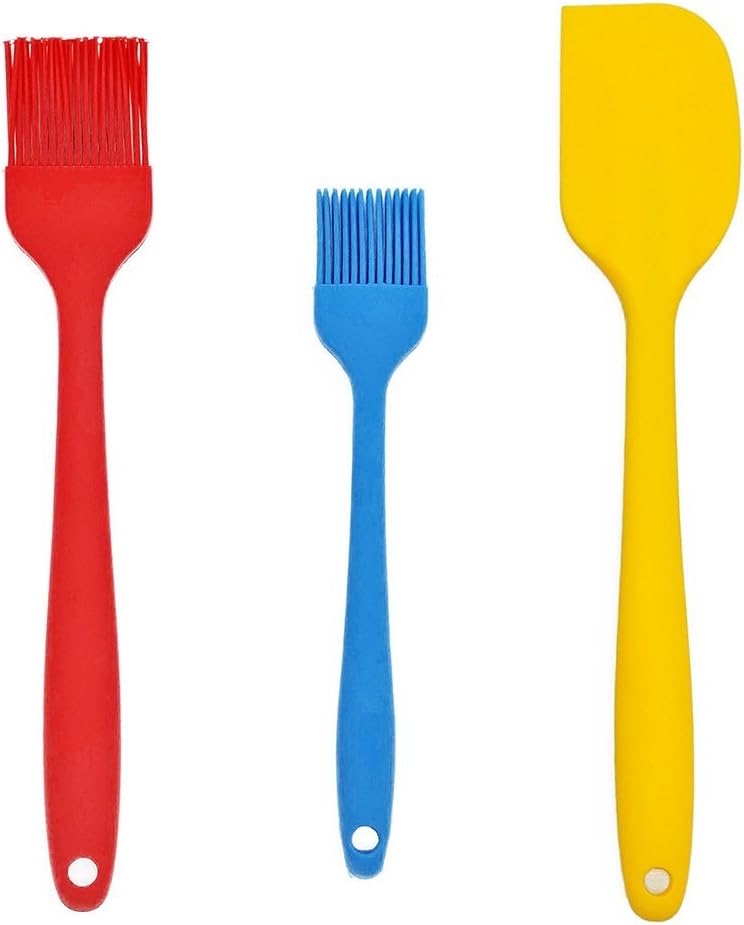 CNYMANY 3 Pcs Silicone Basting Pastry Brushes and Spatula, 8" 10" BBQ Oil Brushes for Grilling Marinating Turkey Baster Desserts Baking Barbecue, with Heat Resistant Scraper - Blue, Red, Yellow