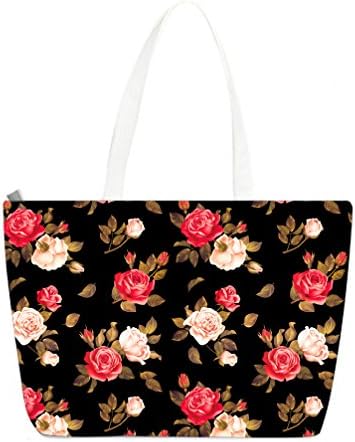 JIUDUIDODO Zippered Cotton Canvas Custom Beautiful Roses Tote Bag Casual Bags Shopping Bags Shoulder HandBags (2 Sides)