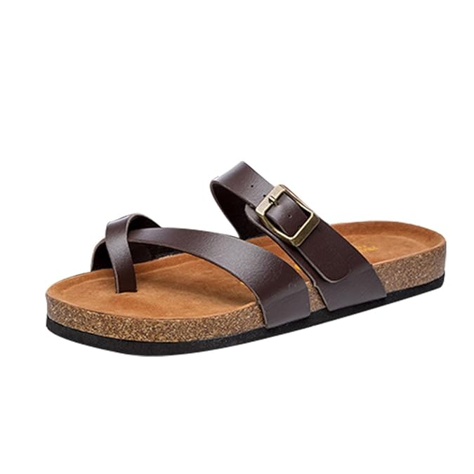 ZKOO Zehentrenner Hausschuhe Damen Riemchen Sandalen Kork Fußbett Pantoletten Sandalen Schlappen Flache Schuhe Mit Metallschn