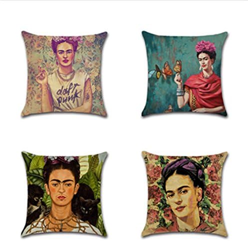 Joyi 4 Pack Frida Kahlo Self-Portrait Cotton Linen Throw Pillow Case Car Cushion Cover 18"x18",Pattern 6