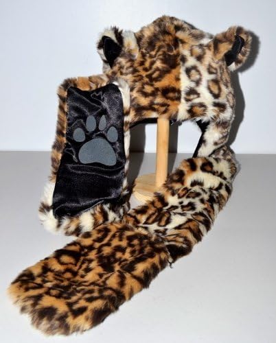 Leopard Fauxfur Hood Plush Animal Hat with Long Black Mittens by Animal Hood