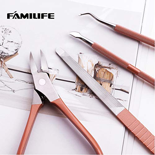 FAMILIFE L10 Cuticle Pusher Nipper Kit Professional Manicure Pedicure Tools Dead Skin Fork Stainless Steel Ingrown Toenail File Cuticle Trimmer 4Pcs Clippers Set Cuticle Remover