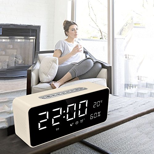 Orionstar Aid Sleep Wireless Alarm Clock Radio Bluetooth Stereo Speaker HD Sound Repeat Snooze Function 8” LED Thermometer AUX MicroSD USB iPhone /Android Compatible Model S1 with Wall Charger White - Thumbnail 6