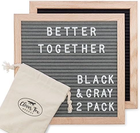 Two Felt Letter Boards | 2 Pack Black and Gray 10x10 Changeable Peg Message Boards, 680 White Letters, Numbers, Symbols and Emojis | Two Easel Stands &amp; Canvas Pouches Included | Real Oak Wood Frame