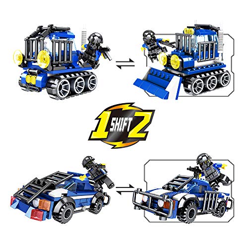 SNAEN 476PCS/4 in 1 Biochemical Police Building Blocks Set, Police Car/Bulldozer/Reconnaissance Vehicle/Anti-Explosion Truck. Includes Minifigures, Patrol Dogs and Toy Weapons, for Boys and Girls - Thumbnail 2