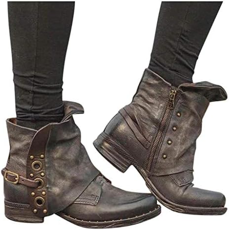 GHrcvdhw Stylish Women Boots Leather Buckle Ankle Boots Large Size Side Zipper Retro Casual Thick Heel Booties Shoes