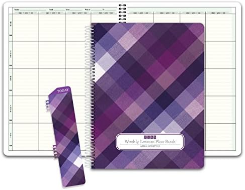 Hardcover 8 Period Teacher Lesson Plan; Days Vertically Down The Side (W208) (+) Bonus Clip-in Bookmark (Purple Plaid)