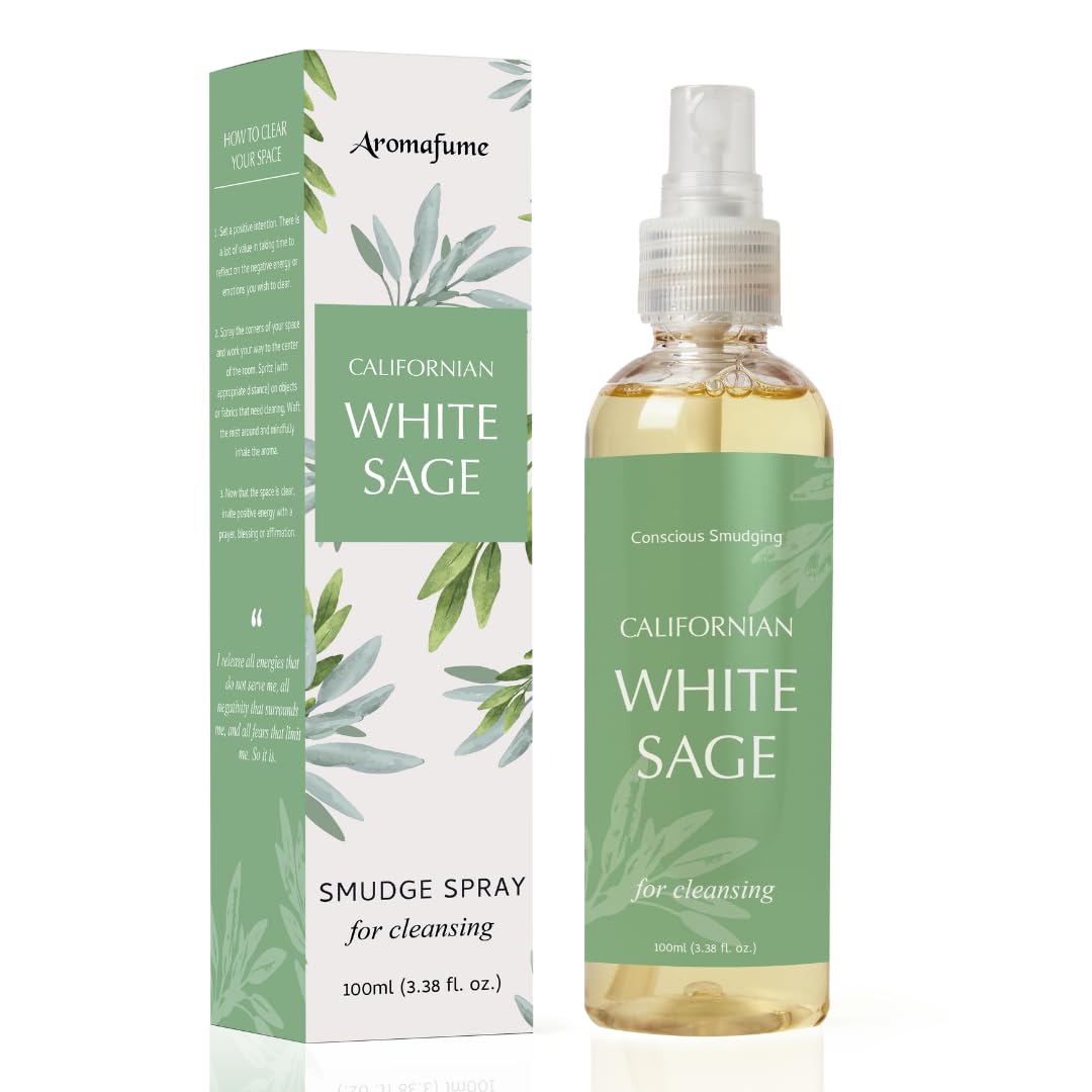 White Sage (California) Smudge Spray & Natural Mist by Aromafume | 100 ml / 3.3oz | Made with Salvia Apiana White Sage Extracts | Ideal for positivity, and cleansing | Non alcoholic, non-toxic & vegan