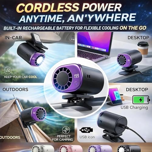 Car Clip On Air Conditioner Fan with LED Display - 360° Rotation, Portable Mini Cooling System for Auto Vehicle USB Rechargeable, 199 Speeds Adjustable, 16℃ Semi-Cooling Wide Clamp (White)
