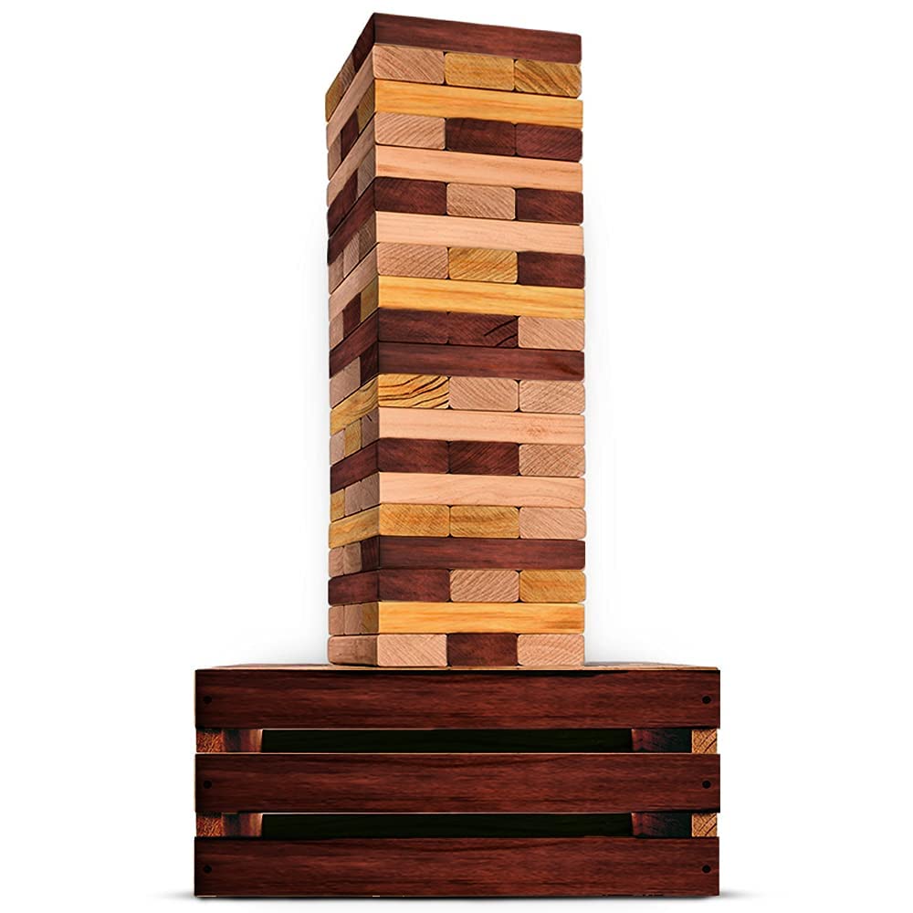 SWOOC Games - Reclaimed Giant Tower Game (Weather Resistant) 60 Blocks + Storage Crate/Outdoor Game Table | Stacks up to 5ft | Giant Outdoor Tower for Adults | Large Yard Activity | Jumbo Lawn Fun