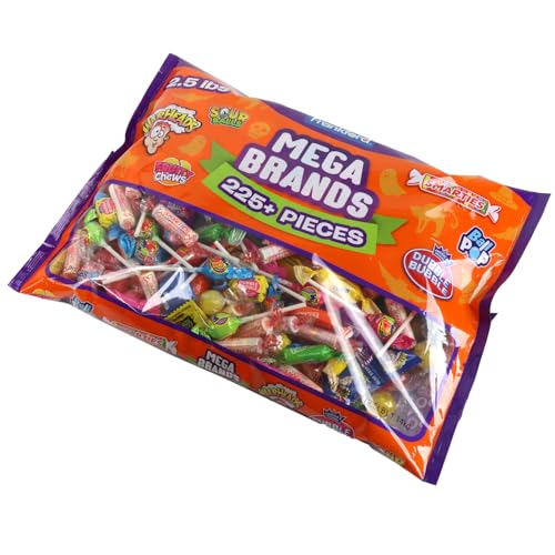 FRANKFORD MEGA VARIETY 2.5 POUND BULK CANDY BAG WITH WARHEADS, FRUITY CHEWS, SOUR BALLS, LOLLIPOPS, DOUBLE BUBBLE GUM, AND SMARTIES, OVER 225 PIECES