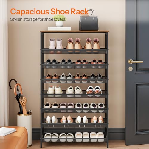 HOOBRO Vertical Shoe Racks for Entryway, 8 Tier Tall Shoe Storage Shelf for Small Space, Narrow Shoe Racks for Bedroom, Industrial Shoes Rack Organizer, 21-24 Pairs of Shoes, Rustic Brown EBF18XJ01