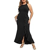 Keluummi Plus Size Formal Wedding Guest Long Dresses for Curvy Women, Halter Neck Empire Waist Mermaid Maxi Cocktail Gown