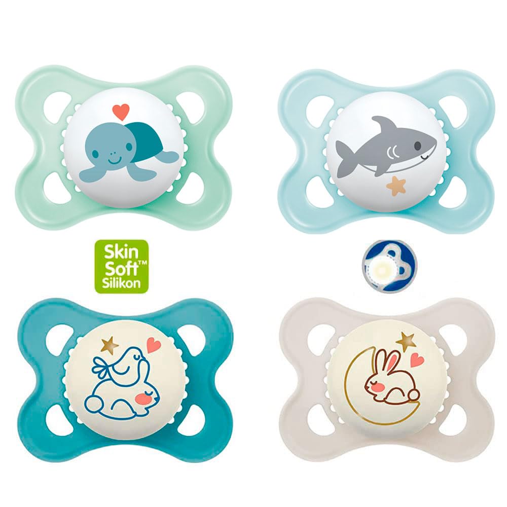 MAM Day & Night "Skin Soft" Silicone Dummy 0-6 // Neutral // Set of 4 // Includes 2 Sterilised Transport Boxes