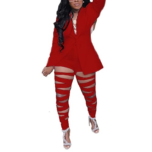 acelyn Women Casual Pieces Office Outfits Deep V Neck Opean Front  Blazer Cut Out Ripped Bodycon Long Jumpsuit Clubwear Red 3XL in Saudi  Arabia