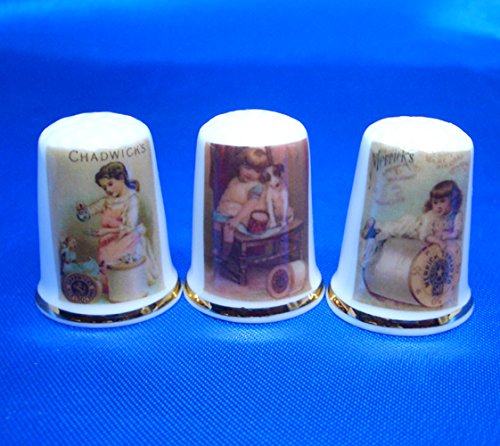 Porcelain China Collectable - Set of Three Thimbles - Sewing Thread Posters