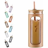 Kodrine 20oz Glass Water Tumbler with Straw and Lid, Bamboo Lids Water Bottle, Iced Coffee Cup Reusable, Wide Mouth Smoothie Cups with Protective Silicone Sleeve BPA FREE-Amber