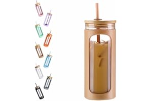Kodrine 20oz Glass Water Tumble with Straw and Lid,Bamboo Lids Water Bottle, Iced Coffee Cup Reusable, Wide Mouth Smoothie Cups, Straw Silicone Protective Sleeve BPA FREE-Amber