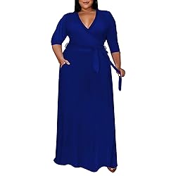 Runwind Plus Size Maxi Dress Sexy 3/4 Sleeve V Neck
