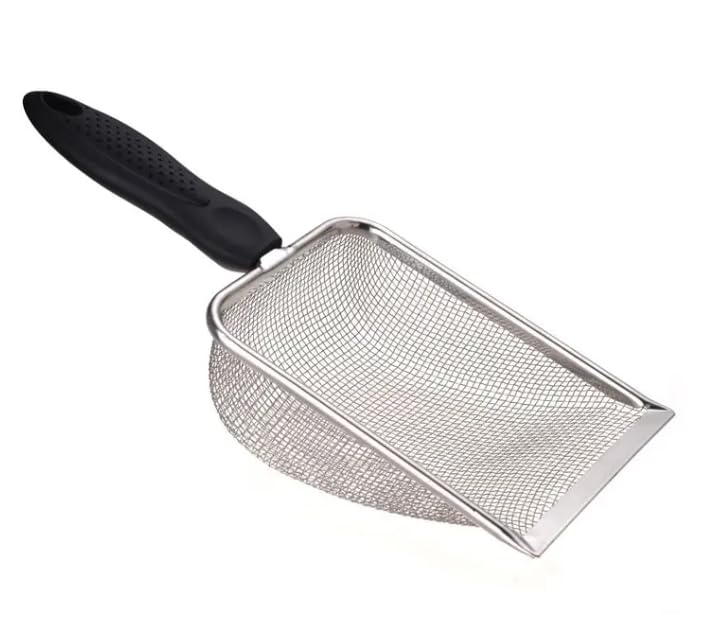 Photo 1 of HLMOptimo Cat Litter Scoop Stainless Steel Mesh Scooper Long Handle Deep Shovel Non-Stick Coated Metal Litter Scoop for Litter Box Kitten Pooper Lifter (Black, 2 mm mesh)